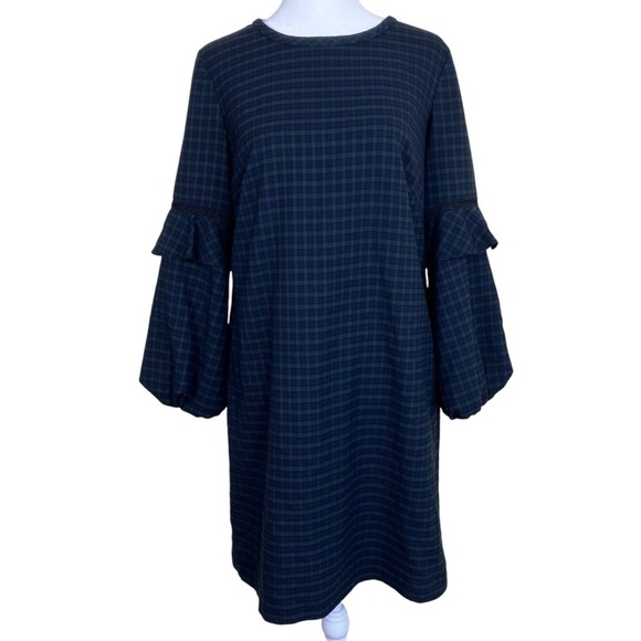 Loft Green And Navy Tartan Plaid Balloon Ruffle Sleeve A-line Mini Dress Sz 4 - Picture 5 of 16